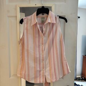 L.L. Bean Women's Pink and White Striped Button Down Shirt